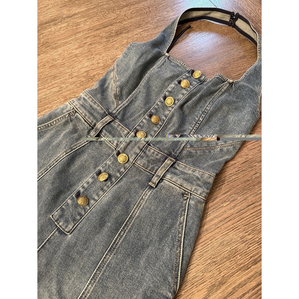 $550 NWT Alice+Olivia Gorgeous Pennie Denim Bootleg Halter Jumpsuit - Picture 8 of 16